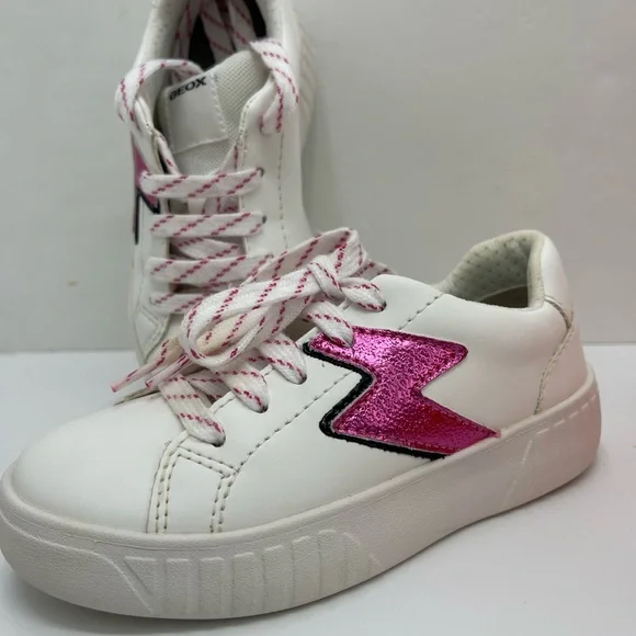 Geox Kids White Leather Sneakers with Pink Lightning Bolt with orthopedic insole - Picture 2 of 16